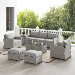 Bradenton 7pc Outdoor Wicker Sofa And Arm Chair Seating Set With Coffee Table, Side Table And 2 Ottomans - Gray/Gray - Crosley