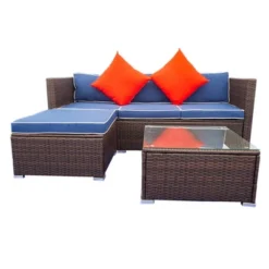 3pc Wicker Patio Sectional Seating Set With Cushions - Brown/Blue - GODEER -Crosley Shop GUEST a42ca544 86d1 44c1 ae4f cdd62c55ccad