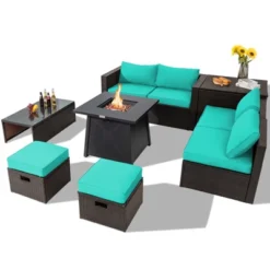 Tangkula 9PCS Outdoor Patio Furniture Set With 30" Propane Fire Pit Table PE Wicker Space-Saving Sectional Sofa Set W/ Storage Box & Cushions -Crosley Shop GUEST a5372c13 1053 456a b5e1 91a6c8ad45f3