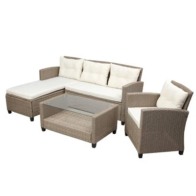 4pc Wicker Patio Sectional Seating Set With Cushions - Beige/Brown - GODEER 4 4pc Wicker Patio Sectional Seating Set With Cushions - Beige/Brown - GODEER - Image 2