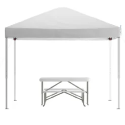 Emma And Oliver Portable Tailgate, Camping Or Event Set With White Pop Up Event Canopy Tent With Carry Bag And Folding Table With Benches Set