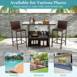 Costway Patio 3PCS Wicker Bar Set Height Table Two Stools With 3 Rows Stemware Racks Garden -Crosley Shop GUEST a862dd16 36d6 49af 956b ef106dd2928f