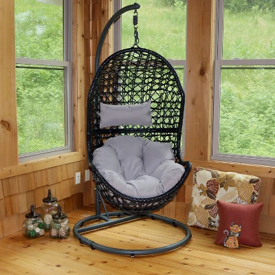 Sunnydaze Decor Sunnydaze Outdoor Resin Wicker Patio Cordelia Hanging Basket Egg Chair Swing With Cushion, Headrest, And Steel Stand Set- 3pc 8 Sunnydaze Decor Sunnydaze Outdoor Resin Wicker Patio Cordelia Hanging Basket Egg Chair Swing With Cushion, Headrest, And Steel Stand Set- 3pc - Image 6