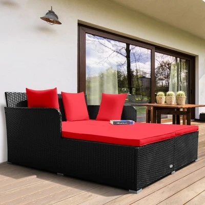 Tangkula Patio Rattan Daybed With 4 Pillows Cushioned Sofa For Outdoor 6 Tangkula Patio Rattan Daybed With 4 Pillows Cushioned Sofa For Outdoor - Image 4
