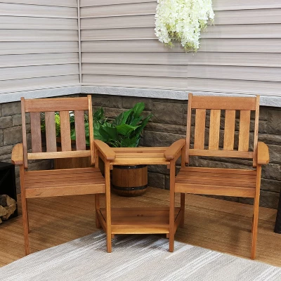 Sunnydaze Decor Sunnydaze Outdoor Meranti Wood With Teak Oil Finish Jack-and-Jill Patio Chairs With Attached Table - Brown 3 Sunnydaze Decor Sunnydaze Outdoor Meranti Wood With Teak Oil Finish Jack-and-Jill Patio Chairs With Attached Table - Brown