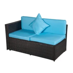 4pc Wicker Patio Sectional Seating Set With Cushions - Brown/Blue - GODEER -Crosley Shop GUEST ae974699 3c0c 41e3 a23d f09827abf84d