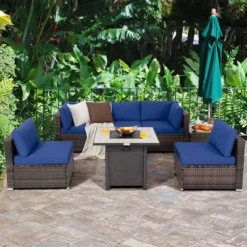 Costway 7PCS Patio Rattan Furniture Set 30'' Fire Pit Table Cover Cushion Sofa Off WhiteBlackNavyRedTurquoise -Crosley Shop GUEST b354669e 19a8 4867 a09c fbd616de94ea