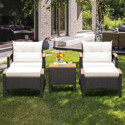 Costway 5PCS Patio Rattan Furniture Set Sofa Ottoman Cushioned Table W/Wood Top 4 Costway 5PCS Patio Rattan Furniture Set Sofa Ottoman Cushioned Table W/Wood Top - Image 2