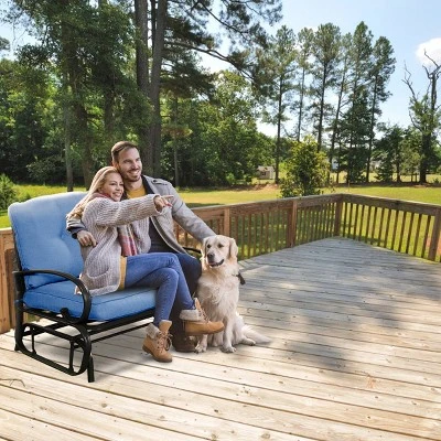 Costway Glider Outdoor Patio Rocking Bench Loveseat Cushioned Seat Steel Frame Blue 5 Costway Glider Outdoor Patio Rocking Bench Loveseat Cushioned Seat Steel Frame Blue - Image 3
