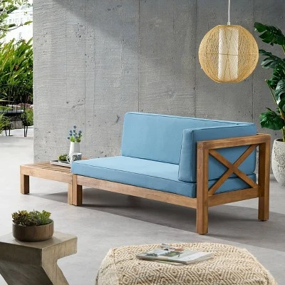 2pc Brava Outdoor Acacia Wood Right Arm Loveseat & Coffee Table With Cushion Teak/Blue - Christopher Knight Home 6 2pc Brava Outdoor Acacia Wood Right Arm Loveseat & Coffee Table With Cushion Teak/Blue - Christopher Knight Home - Image 4