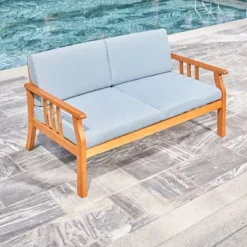 Kapalua Honey Nautical Eucalyptus Wooden Outdoor Sofa Bench With Cushion - Vifah -Crosley Shop GUEST ba22116a 16bf 44d9 bb02 d58ba2df5e3d