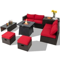 Tangkula 9PCS Outdoor Patio Furniture Set With 30" Propane Fire Pit Table PE Wicker Space-Saving Sectional Sofa Set W/ Storage Box & Cushions -Crosley Shop GUEST bb85bf94 1308 408e 8214 6f4bdb39806d