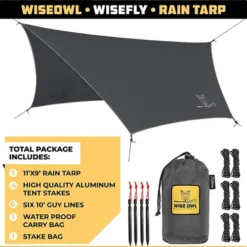 Wise Owl Outfitters Wisefly 11' X 9' Hammock Rain Tarp Cover With Guy Lines, Tent Stakes, And Waterproof Carry Bag, Blue, Accessory Only