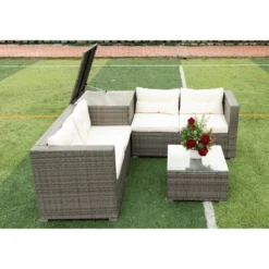 4pc Wicker Patio Sectional Seating Set With Cushions - Gray/Beige - GODEER -Crosley Shop GUEST bed6c083 231a 488e 8d2c c3cbaeff7856