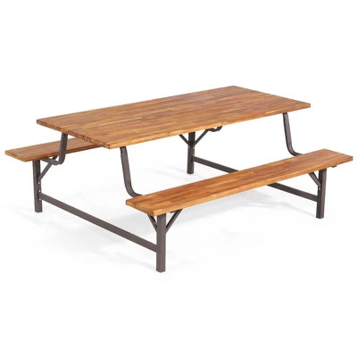 Costway Acacia Wood Patio Picnic Table Bench Set With 71'' Tabletop & 2'' Umbrella Hole 10 Costway Acacia Wood Patio Picnic Table Bench Set With 71'' Tabletop & 2'' Umbrella Hole - Image 8
