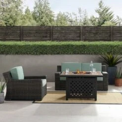 Beaufort 3 Pc Outdoor Wicker Conversation Set Loveseat And Chair With Fire Table - Mist/Brown - Crosley -Crosley Shop GUEST c35d0bba 65c8 4310 9981 0d449c9b6596