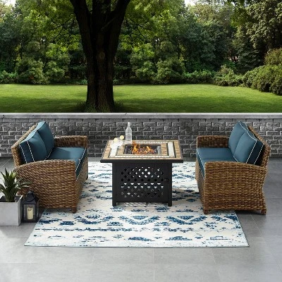 3pc Bradenton Outdoor Steel Fire Pit Set With 2 Loveseats Navy/Weathered Brown - Crosley 3 3pc Bradenton Outdoor Steel Fire Pit Set With 2 Loveseats Navy/Weathered Brown - Crosley