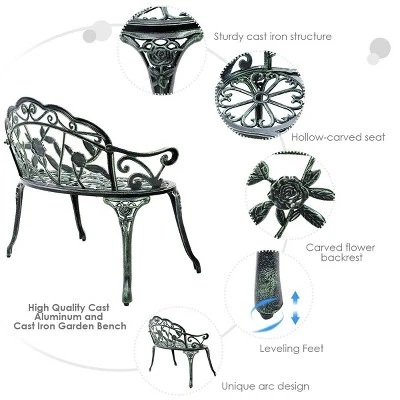 Costway Patio Garden Bench Chair Style Porch Cast Aluminum Outdoor Rose Antique Green 9 Costway Patio Garden Bench Chair Style Porch Cast Aluminum Outdoor Rose Antique Green - Image 8