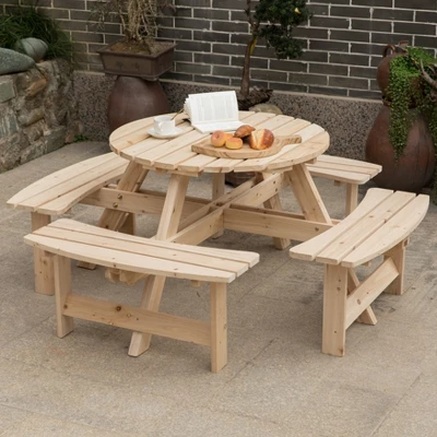Gardenised Wooden Outdoor Patio Garden Round Picnic Table With Bench, 8 Person- Natural 5 Gardenised Wooden Outdoor Patio Garden Round Picnic Table With Bench, 8 Person- Natural - Image 3