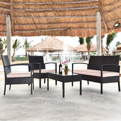 Costway 4PCS Patio Rattan Conversation Furniture Set Cushioned Seat Glass Table 4 Costway 4PCS Patio Rattan Conversation Furniture Set Cushioned Seat Glass Table - Image 2