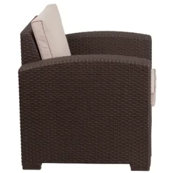 Merrick Lane Outdoor Furniture Resin Chair Chocolate Brown Faux Rattan Wicker Pattern Patio Chair With All-Weather Beige Cushion -Crosley Shop GUEST cbce8549 e756 472d 9d33 97e2e6e53bd6