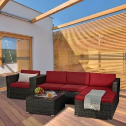 6pc Outdoor Rattan Wicker Conversation Set With Chairs, Coffee Table & Cushions - Gray/Red - GODEER