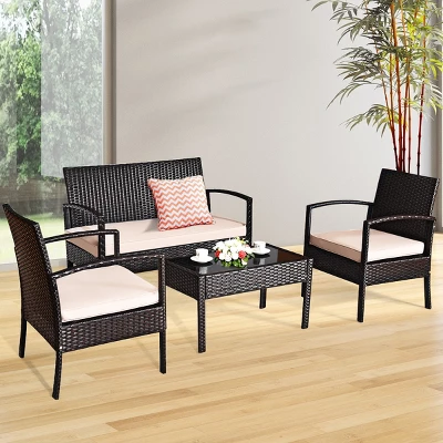 Costway 4PCS Patio Rattan Conversation Furniture Set Cushioned Seat Glass Table 5 Costway 4PCS Patio Rattan Conversation Furniture Set Cushioned Seat Glass Table - Image 3