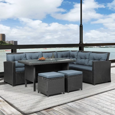 6pc Wicker Patio Conversation Set With Glass Table Ottomans & Cushions - Black/Dark Gray - GODEER 3 6pc Wicker Patio Conversation Set With Glass Table Ottomans & Cushions - Black/Dark Gray - GODEER