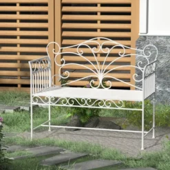 Outsunny 44.75" Antique-Style Outdoor Patio Garden Bench, Metal Loveseat With Ivy Pattern On The Backrest, Cream White