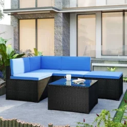5pc Wicker Patio Sectional Seating Set With Cushions - Black/Blue - GODEER 25 5pc Wicker Patio Sectional Seating Set With Cushions - Black/Blue - GODEER -Crosley Shop GUEST d08e1c90 219e 4be2 ae25 3dddae9ce1f7