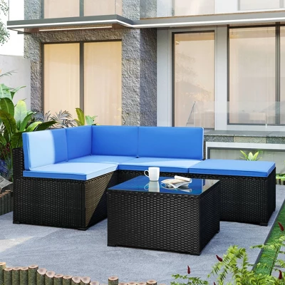 5pc Wicker Patio Sectional Seating Set With Cushions - Black/Blue - GODEER 6 5pc Wicker Patio Sectional Seating Set With Cushions - Black/Blue - GODEER - Image 4