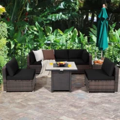 Costway 7PCS Patio Rattan Furniture Set 30'' Fire Pit Table Cover Cushion Sofa Off WhiteBlackNavyRedTurquoise -Crosley Shop GUEST d169476b 9fe1 4aac ab5a eb821d8c8c85