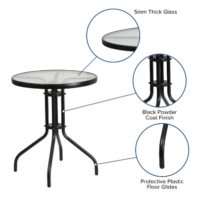 Emma And Oliver Three Piece Patio Table Set With Round Metal Frame Table With Tempered Glass Top And Two Flex Comfort Stacking Chairs 4 Emma And Oliver Three Piece Patio Table Set With Round Metal Frame Table With Tempered Glass Top And Two Flex Comfort Stacking Chairs - Image 2