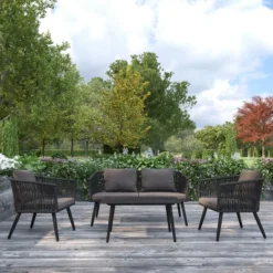 Merrick Lane Outdoor Furniture 4 Piece Black Woven Aluminum Frame Loveseat, 2 Chair And Coffee Table Set With Gray Cushions