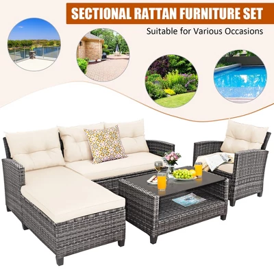 Costway 4PCS Patio Rattan Furniture Set Sofa Ottoman Cushion Garden Deck White/Gray 7 Costway 4PCS Patio Rattan Furniture Set Sofa Ottoman Cushion Garden Deck White/Gray - Image 5