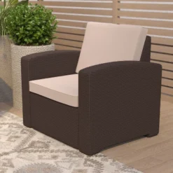 Merrick Lane Outdoor Furniture Resin Chair Chocolate Brown Faux Rattan Wicker Pattern Patio Chair With All-Weather Beige Cushion -Crosley Shop GUEST d563b584 406b 4b82 a055 a7b384fc2259