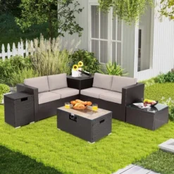 Costway 6PCS Patio Rattan Furniture Set 32'' Fire Pit Table Tank Holder With Cover Beige/Navy/Red/Turquoise -Crosley Shop GUEST d685142a 4799 418b 86de 036c4496257b