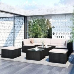 10pc Wicker Patio Sectional Seating Set With Cushion - Black/Beige - GODEER