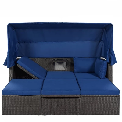 4pc Outdoor Wicker Rectangle Daybed With Canopy & Cushions - Blue - GODEER 5 4pc Outdoor Wicker Rectangle Daybed With Canopy & Cushions - Blue - GODEER - Image 3
