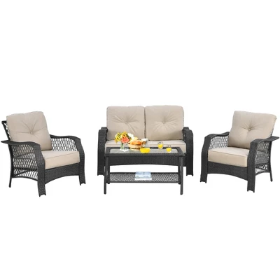 Costway 4PCS Patio Wicker Furniture Set Loveseat Sofa Coffee Table W/ Cushion 3 Costway 4PCS Patio Wicker Furniture Set Loveseat Sofa Coffee Table W/ Cushion