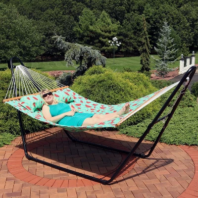 Sunnydaze Decor Sunnydaze Heavy-Duty 2-Person Quilted Printed Fabric Spreader Bar Hammock And Pillow - 450 Lb Weight Capacity - Watermelon And Chevron 8 Sunnydaze Decor Sunnydaze Heavy-Duty 2-Person Quilted Printed Fabric Spreader Bar Hammock And Pillow - 450 Lb Weight Capacity - Watermelon And Chevron - Image 6