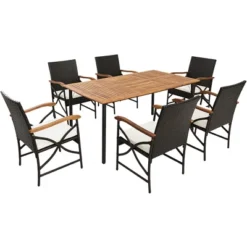 Costway 7PCS Patio Wicker Dining Set Cushion Acacia Wood Armrests Table With Umbrella Hole -Crosley Shop GUEST df7fb7fd 74c1 449b 9832 34e91b7ef920