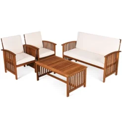 Costway 4PCS Patio Solid Wood Furniture Set Conversation Coffee Table W/White Cushion -Crosley Shop GUEST df8c7726 8fee 421c 87fe 97f7f25c9217