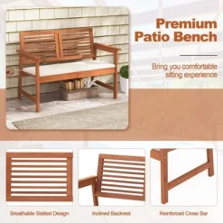 Costway Patio Bench Outdoor Solid Wood Loveseat Chair With Backrest & Cushion Porch Garden -Crosley Shop GUEST e164e33d 6566 45cf 8e53 a436b90a7dfb