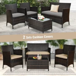 Costway 4PCS Patio Wicker Furniture Set Sofa Chair With Brown & Grey Cushion Covers Garden -Crosley Shop GUEST e601ea41 c57c 4056 ad60 1d4c7aa1f4ce