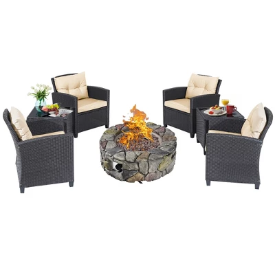 Costway 7PCS Patio Wicker Furniture Set Gas Fire Pit Sofa Side Table Cushioned 3 Costway 7PCS Patio Wicker Furniture Set Gas Fire Pit Sofa Side Table Cushioned