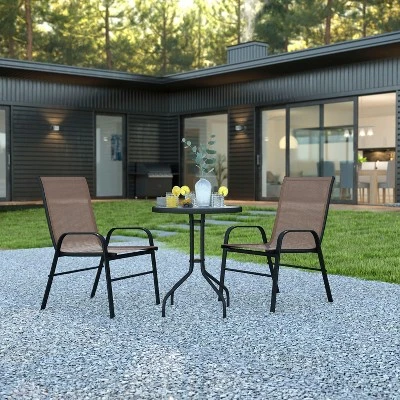 Emma And Oliver Three Piece Patio Table Set With Round Metal Frame Table With Tempered Glass Top And Two Flex Comfort Stacking Chairs 3 Emma And Oliver Three Piece Patio Table Set With Round Metal Frame Table With Tempered Glass Top And Two Flex Comfort Stacking Chairs