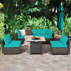 Costway 7PCS Patio Rattan Furniture Set 30'' Fire Pit Table Cover Cushion Sofa Off WhiteBlackNavyRedTurquoise -Crosley Shop GUEST ece3e472 e241 4228 80c1 0cc270e2cd8f