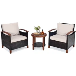 Tangkula 3-Piece Patio Rattan Bistro Set Acacia Wood Frame Sofa And Side Table -Crosley Shop GUEST eedf1f88 55aa 4053 ad88 a14641ef25ec