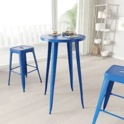 Merrick Lane Round Bar Height Patio Table With Powder Coated Galvanized Steel Frame For Indoor And Outdoor Use